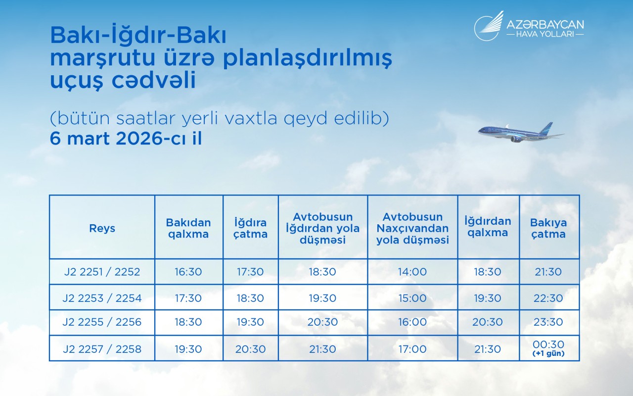 Bakı-İğdır-Bakı marşrutu üzrə uçuş CƏDVƏLİ